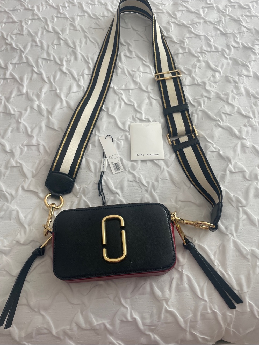 Marc Jacobs Black & Red Snapshot Crossbody with Striped Strap